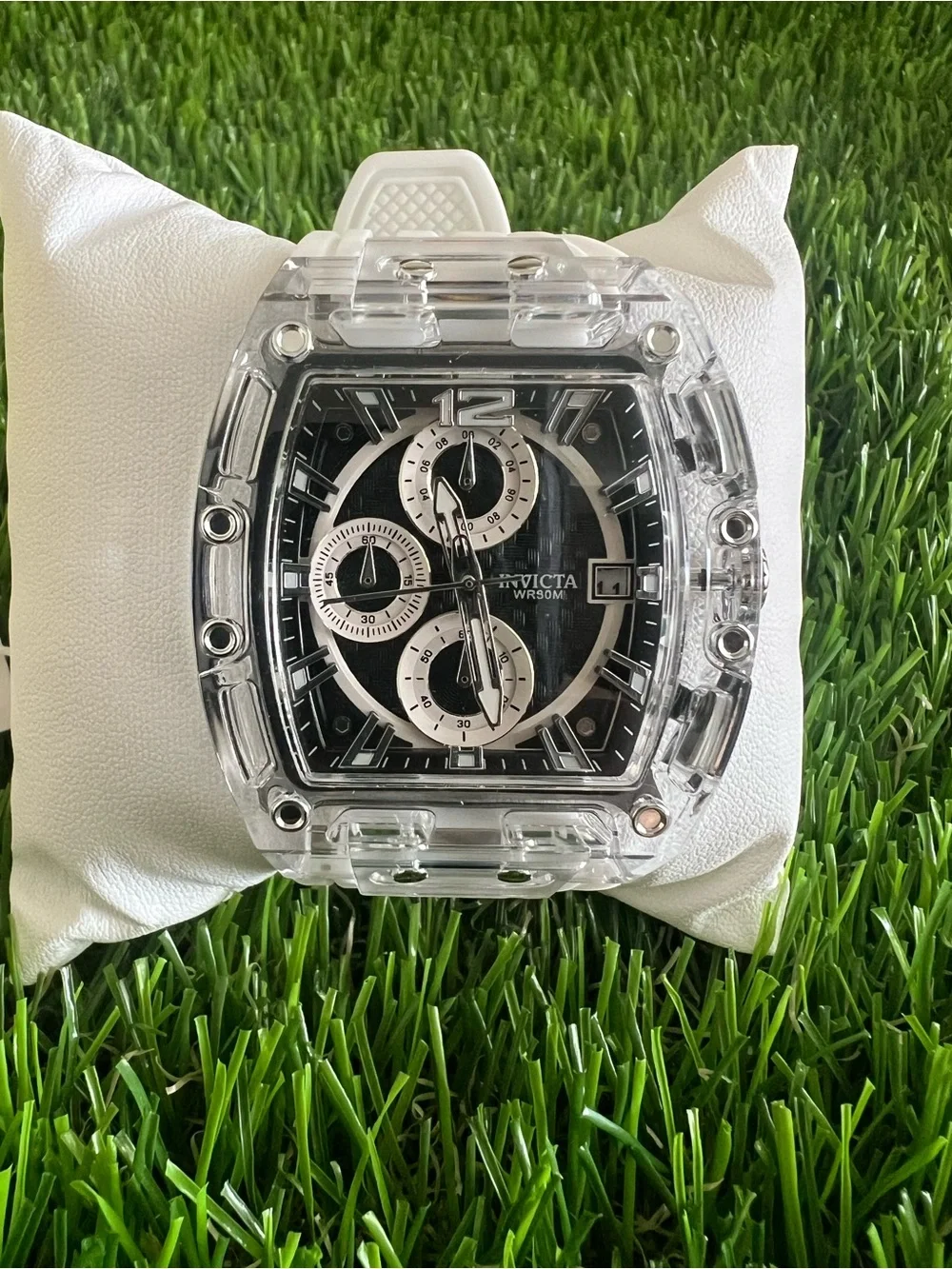 Invicta Clear Case Watch with Black Dial and Silver Accents